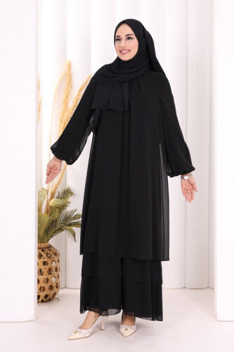 Kat Kat Görünüm Kol Manşetleri Lastikli Şifon Elbise 3060 Siyah 