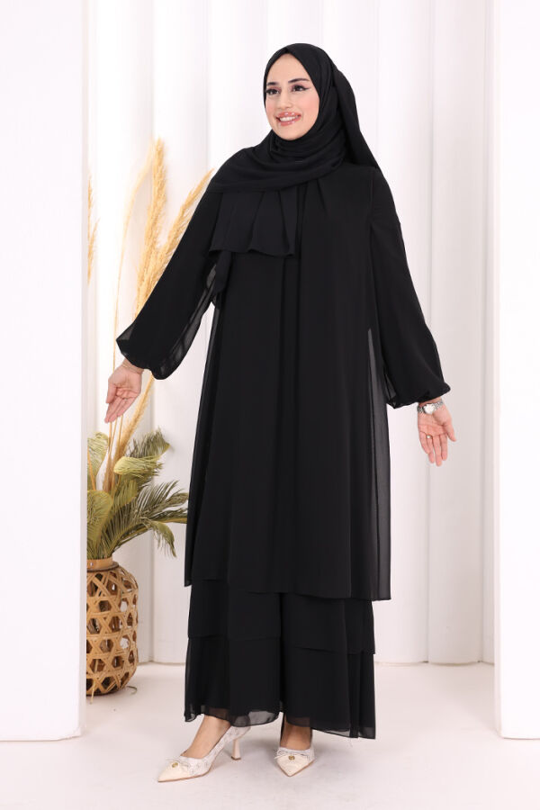 Kat Kat Görünüm Kol Manşetleri Lastikli Şifon Elbise 3060 Siyah - 1