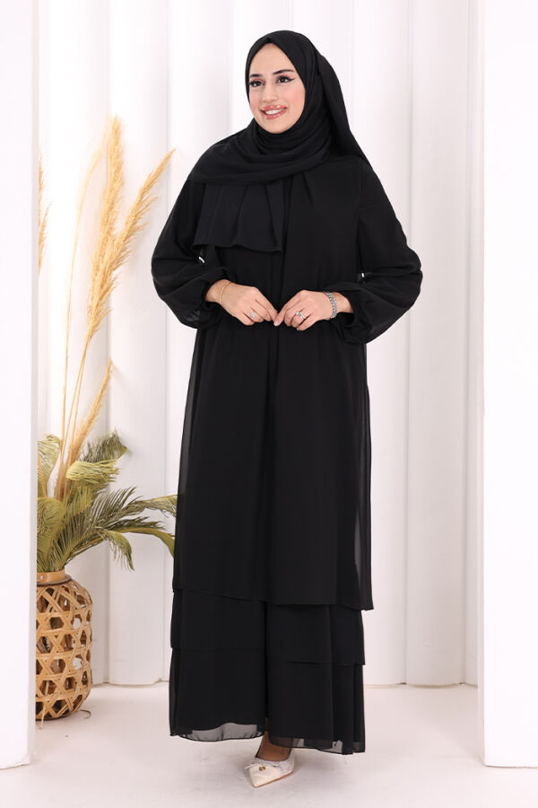 Kat Kat Görünüm Kol Manşetleri Lastikli Şifon Elbise 3060 Siyah - 2