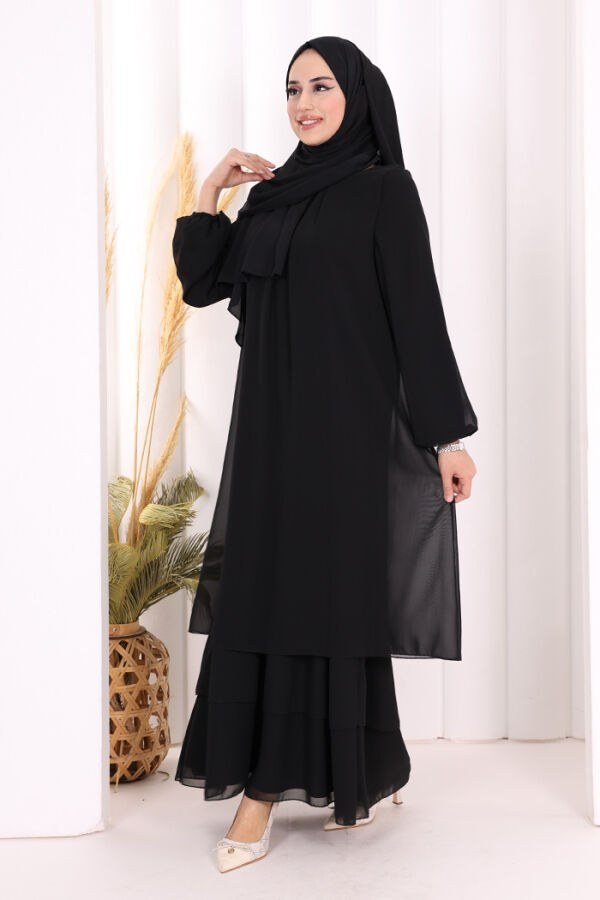 Kat Kat Görünüm Kol Manşetleri Lastikli Şifon Elbise 3060 Siyah - 3