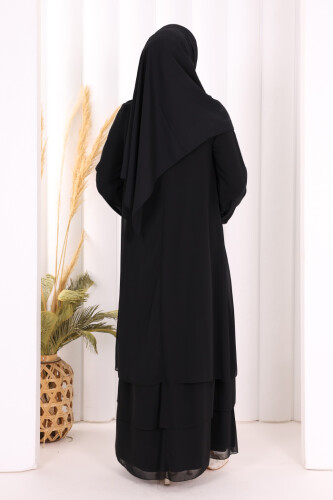 Kat Kat Görünüm Kol Manşetleri Lastikli Şifon Elbise 3060 Siyah - 4