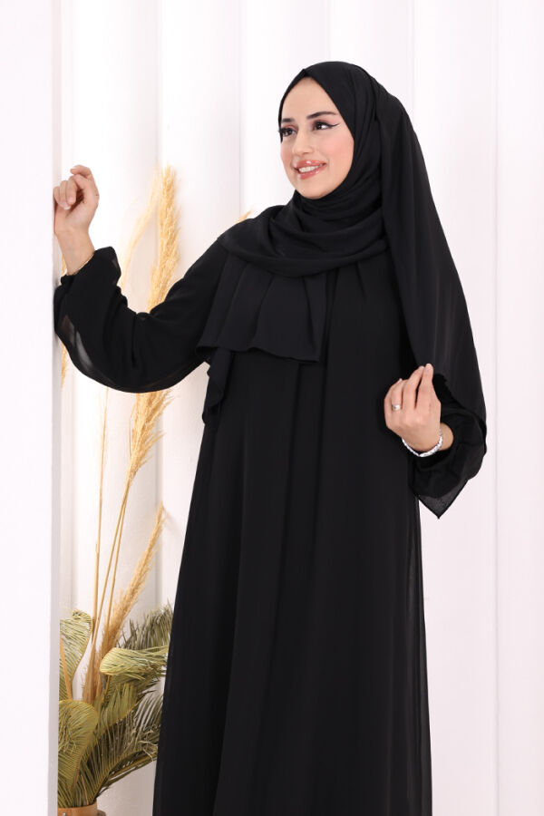 Kat Kat Görünüm Kol Manşetleri Lastikli Şifon Elbise 3060 Siyah - 5