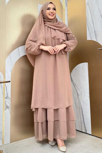 Kat Kat Görünüm Kol Manşetleri Lastikli Şifon Elbise 3060 Vizon - Bym Fashion