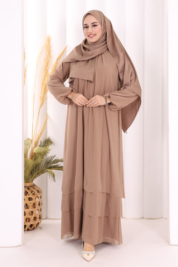 Kat Kat Görünüm Kol Manşetleri Lastikli Şifon Elbise 3060 Vizon - 1