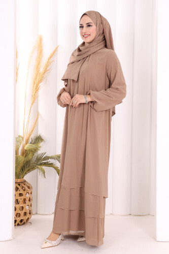 Kat Kat Görünüm Kol Manşetleri Lastikli Şifon Elbise 3060 Vizon - 2