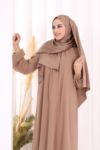 Kat Kat Görünüm Kol Manşetleri Lastikli Şifon Elbise 3060 Vizon - 4