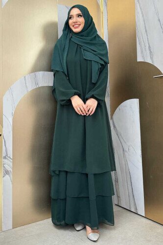 Kat Kat Görünüm Kol Manşetleri Lastikli Şifon Elbise 3060 Zümrüt - Bym Fashion