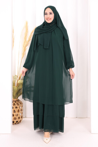 Kat Kat Görünüm Kol Manşetleri Lastikli Şifon Elbise 3060 Zümrüt 