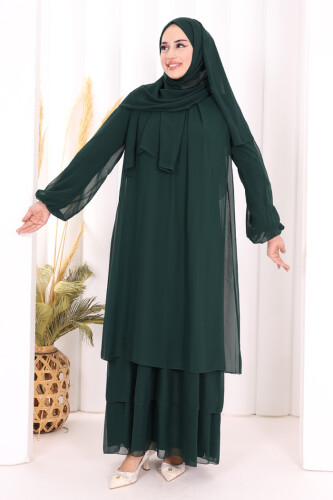 Kat Kat Görünüm Kol Manşetleri Lastikli Şifon Elbise 3060 Zümrüt - 2
