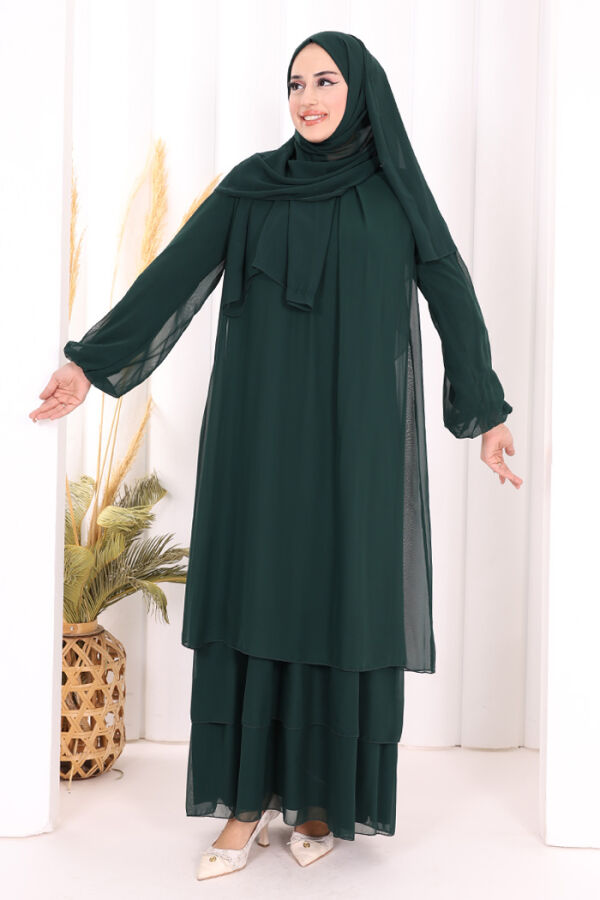 Kat Kat Görünüm Kol Manşetleri Lastikli Şifon Elbise 3060 Zümrüt - 2