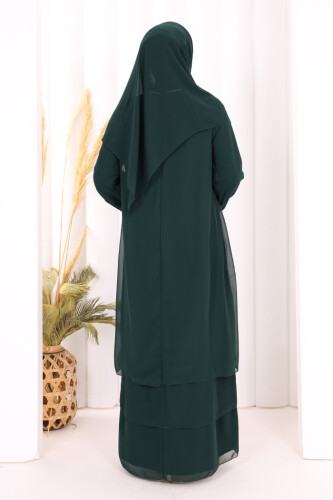 Kat Kat Görünüm Kol Manşetleri Lastikli Şifon Elbise 3060 Zümrüt - 3