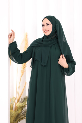 Kat Kat Görünüm Kol Manşetleri Lastikli Şifon Elbise 3060 Zümrüt - 4