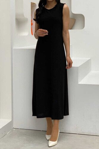 Sıfır Kollu Uzun Sandy İçlik Elbise 3197 Siyah 