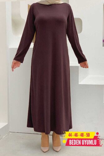 Büyük Beden Düz Bisklet Yaka Uzun Kol İç Sandy Elbise 3202-1 Kahverengi 