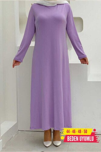 Büyük Beden Düz Bisklet Yaka Uzun Kol İç Sandy Elbise 3202-1 Lila 