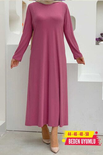 Büyük Beden Düz Bisklet Yaka Uzun Kol İç Sandy Elbise 3202-1 Pudra 