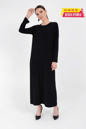 Büyük Beden Düz Bisklet Yaka Uzun Kol İç Sandy Elbise 3202-1 Siyah 