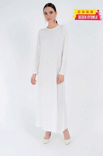 XXL Büyük Beden Düz Bisklet Yaka Uzun Kol İç Sandy Elbise 3202-3 Ekru - Bym Fashion