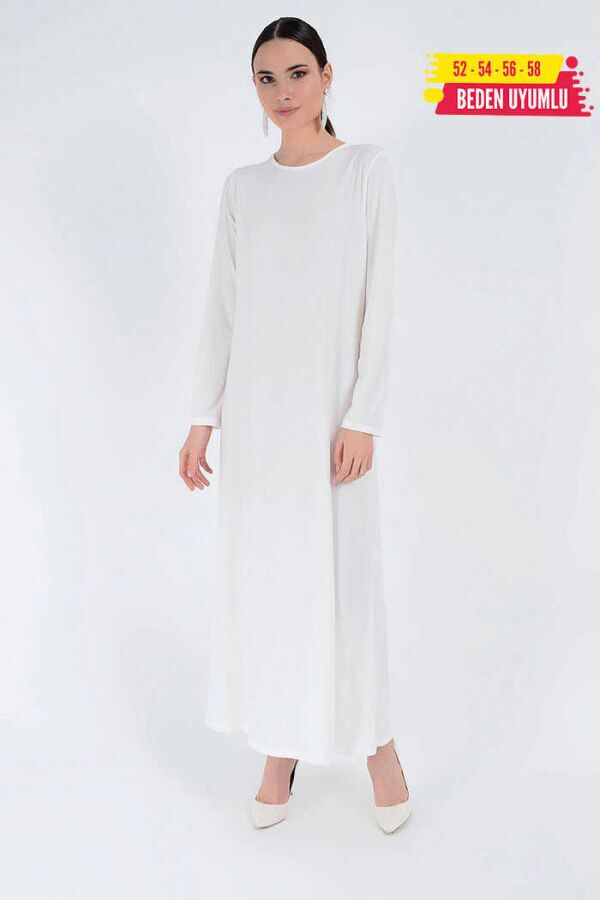 XXL Büyük Beden Düz Bisklet Yaka Uzun Kol İç Sandy Elbise 3202-3 Ekru - 1