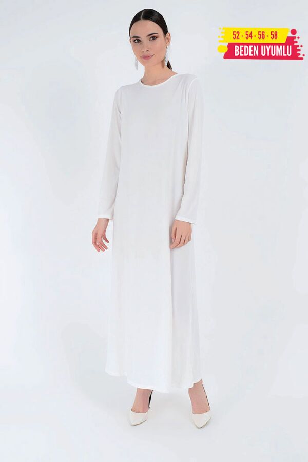 XXL Büyük Beden Düz Bisklet Yaka Uzun Kol İç Sandy Elbise 3202-3 Ekru - 5