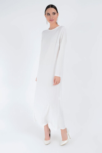XXL Büyük Beden Düz Bisklet Yaka Uzun Kol İç Sandy Elbise 3202-3 Ekru - 6