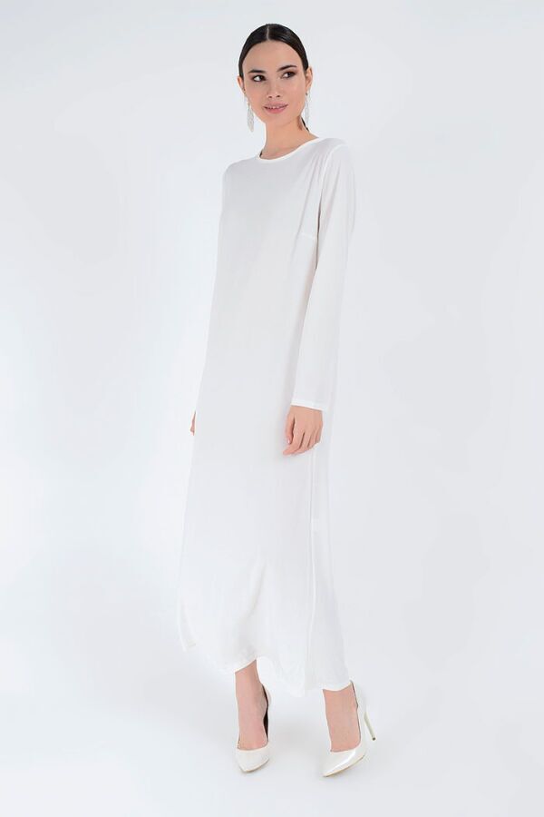 XXL Büyük Beden Düz Bisklet Yaka Uzun Kol İç Sandy Elbise 3202-3 Ekru - 6