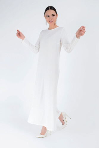 XXL Büyük Beden Düz Bisklet Yaka Uzun Kol İç Sandy Elbise 3202-3 Ekru - 7
