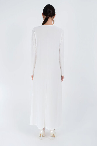 XXL Büyük Beden Düz Bisklet Yaka Uzun Kol İç Sandy Elbise 3202-3 Ekru - 8