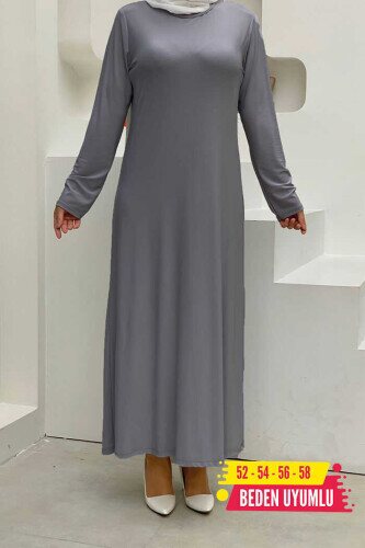XXL Büyük Beden Düz Bisklet Yaka Uzun Kol İç Sandy Elbise 3202-3 Gri - Bym Fashion