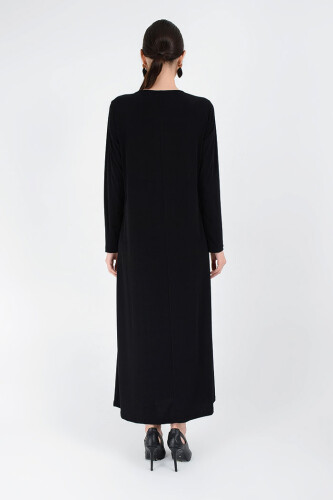 XXL Büyük Beden Düz Bisklet Yaka Uzun Kol İç Sandy Elbise 3202-3 Siyah - 8