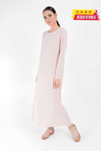 XXL Büyük Beden Düz Bisklet Yaka Uzun Kol İç Sandy Elbise 3202-3 Taş - Bym Fashion