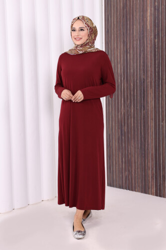 Düz Bisklet Yaka Uzun Kol İç Sandy Elbise 3202 Bordo