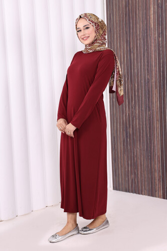 Düz Bisklet Yaka Uzun Kol İç Sandy Elbise 3202 Bordo - 2