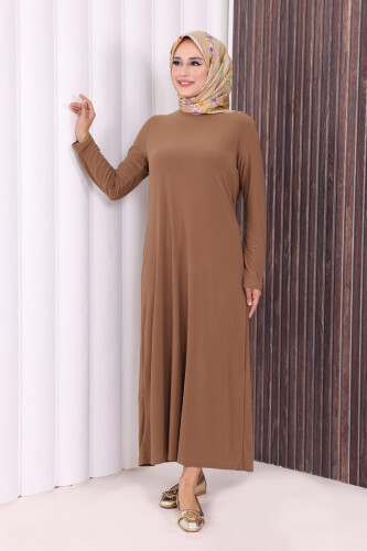 Düz Bisklet Yaka Uzun Kol İç Sandy Elbise 3202 Taba