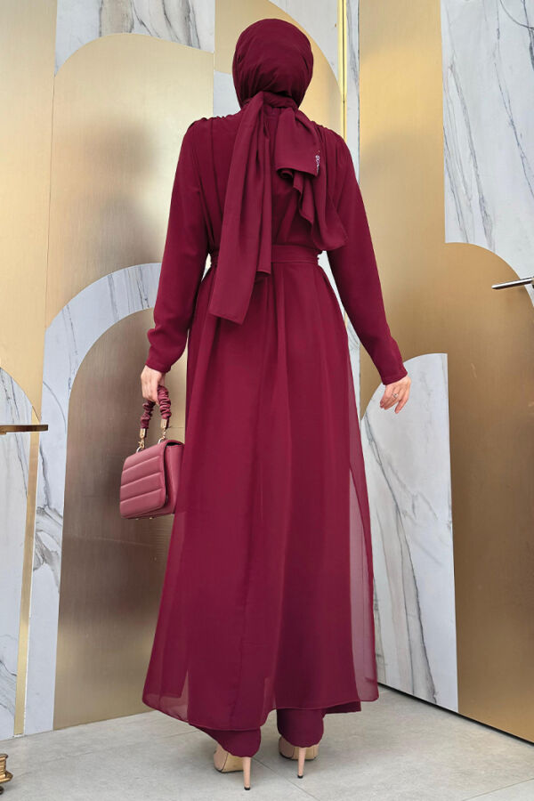 Şifon Pelerin Detay Bel Kuşaklı Tulum 3330 Bordo - 6