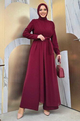 Şifon Pelerin Detay Bel Kuşaklı Tulum 3330 Bordo - Bym Fashion