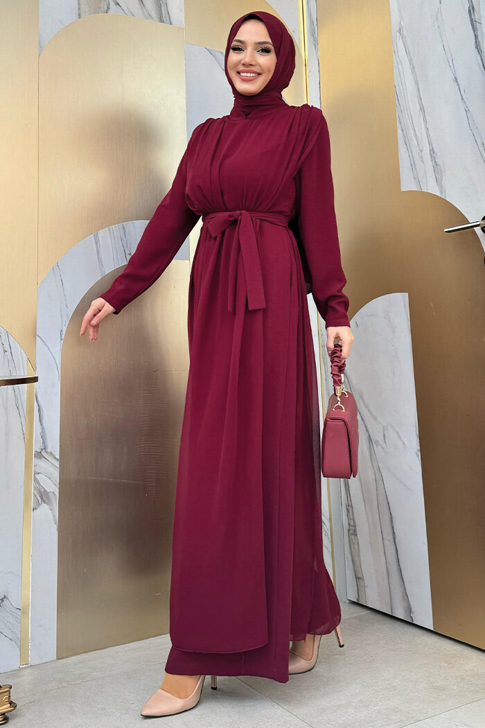 Şifon Pelerin Detay Bel Kuşaklı Tulum 3330 Bordo - 7