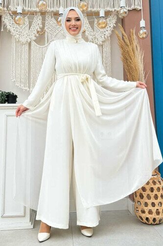 Şifon Pelerin Detay Bel Kuşaklı Tulum 3330 Ekru - Bym Fashion