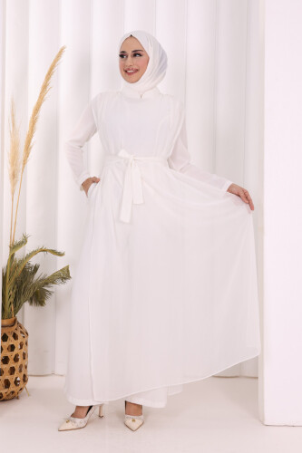 Şifon Pelerin Detay Bel Kuşaklı Tulum 3330 Ekru