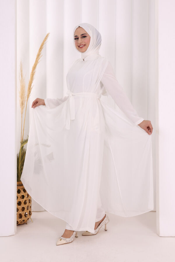 Şifon Pelerin Detay Bel Kuşaklı Tulum 3330 Ekru - 2