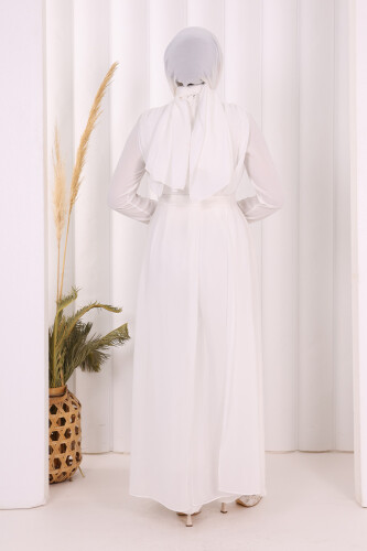 Şifon Pelerin Detay Bel Kuşaklı Tulum 3330 Ekru - 3