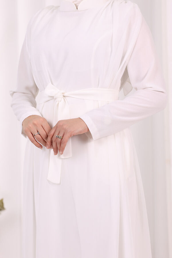 Şifon Pelerin Detay Bel Kuşaklı Tulum 3330 Ekru - 5