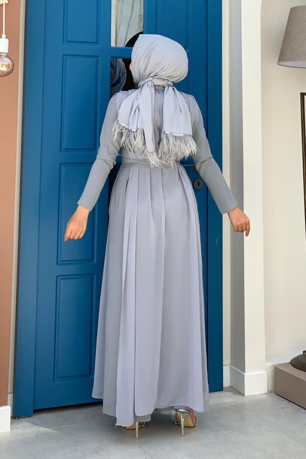 Şifon Pelerin Detay Bel Kuşaklı Tulum 3330 Gri - 4