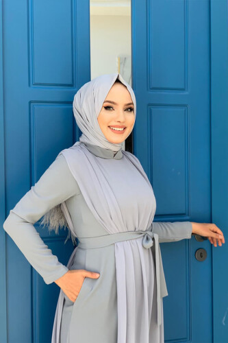 Şifon Pelerin Detay Bel Kuşaklı Tulum 3330 Gri - 6