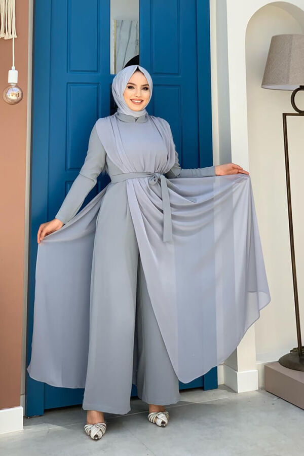 Şifon Pelerin Detay Bel Kuşaklı Tulum 3330 Gri - 2