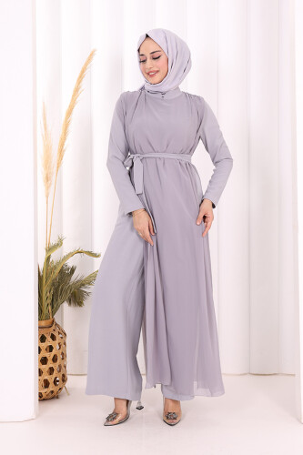 Şifon Pelerin Detay Bel Kuşaklı Tulum 3330 Gri 