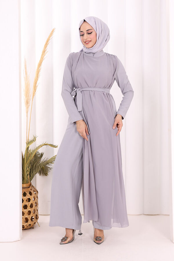 Şifon Pelerin Detay Bel Kuşaklı Tulum 3330 Gri - 1