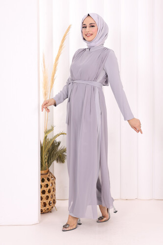 Şifon Pelerin Detay Bel Kuşaklı Tulum 3330 Gri - 2