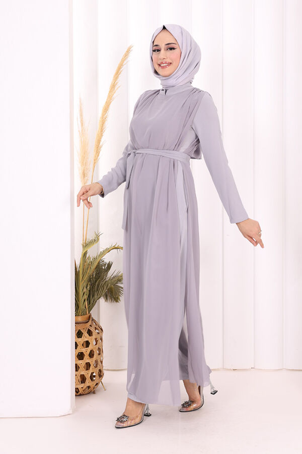 Şifon Pelerin Detay Bel Kuşaklı Tulum 3330 Gri - 2