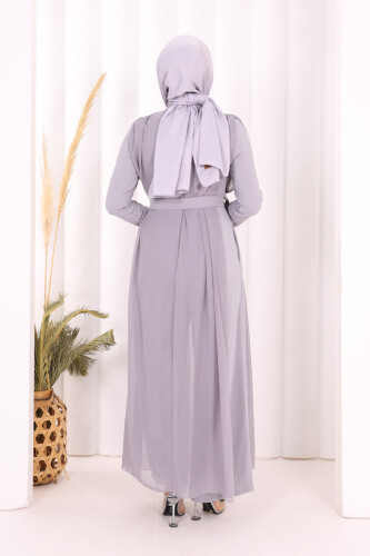 Şifon Pelerin Detay Bel Kuşaklı Tulum 3330 Gri - 3